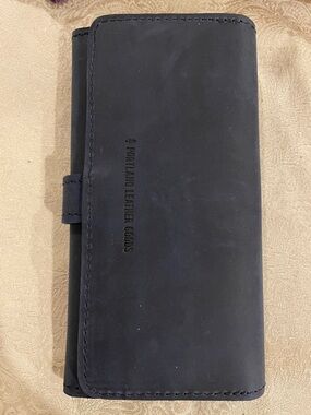 Portland Leather Black Trifold Wallet with snap tab closure